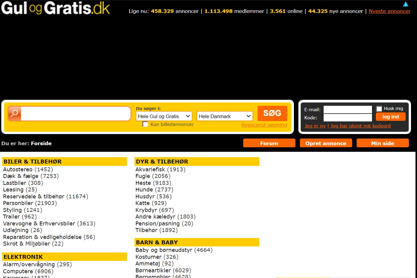Skjermbilde av Gul og Gratis sin hjemmeside fra 2012